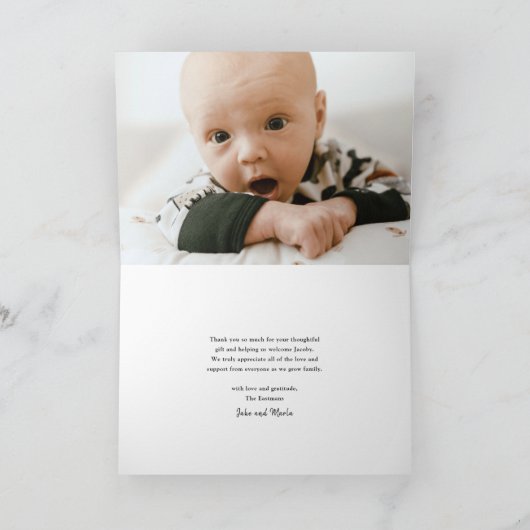Elegant Gold Script Baby Foto Bedankkaart (Binnen)