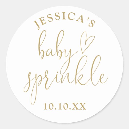 Elegant Gold Script Baby Sprinkle Shower Favoriet Ronde Sticker (Voorkant)