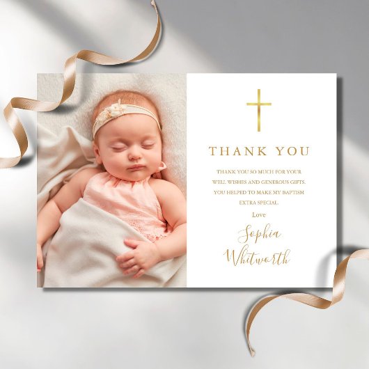 Elegant Gold Script Baptism Christening Foto Bedankkaart