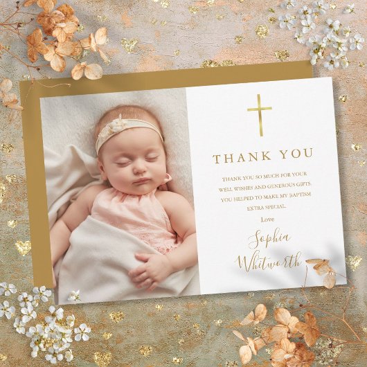 Elegant Gold Script Baptism Christening Foto Bedankkaart
