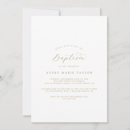 Elegant Gold Script Baptism Invitation Kaart (Voorkant)
