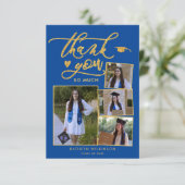 Elegant Gold Script Blue 4 Photo Afstuderen Bedankkaart (Staand voorkant)