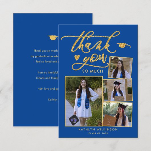 Elegant Gold Script Blue 4 Photo Afstuderen Bedankkaart (Voorkant / Achterkant)