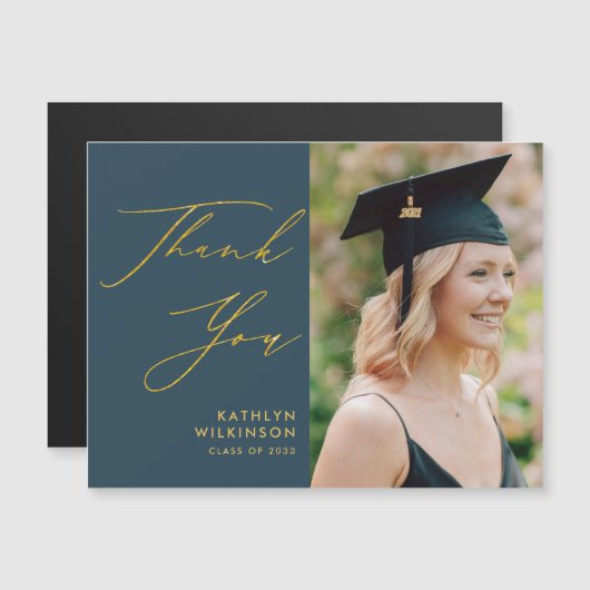 Elegant Gold Script Blue Chic Afstuderen Hartelijk (Voorkant / Achterkant)