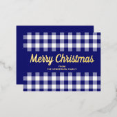 Elegant Gold Script Blue Gingham Merry kerst Folie Feestdagen Briefkaart (Voorkant / Achterkant)