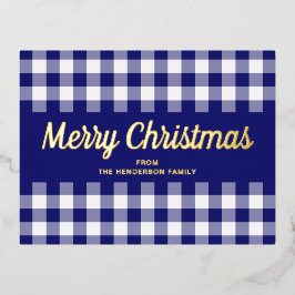 Elegant Gold Script Blue Gingham Merry kerst Folie Feestdagen Briefkaart
