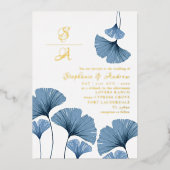 Elegant Gold Script Blue Leaf Wedding Invitation Folie Uitnodiging (Voorkant)