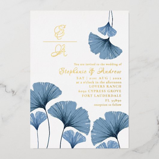 Elegant Gold Script Blue Leaf Wedding Invitation Folie Uitnodiging (Voorkant)
