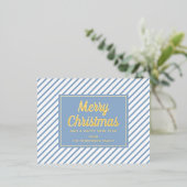 Elegant Gold Script Blue Stripes Merry Kerstmis Folie Feestdagen Briefkaart (Staand Voorkant)
