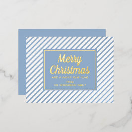 Elegant Gold Script Blue Stripes Merry Kerstmis Folie Feestdagen Briefkaart