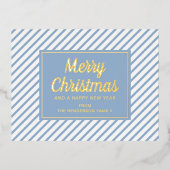 Elegant Gold Script Blue Stripes Merry Kerstmis Folie Feestdagen Briefkaart (Voorkant)