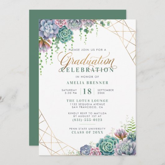 Elegant Gold Script Botanical Graduparty Kaart (Voorkant / Achterkant)