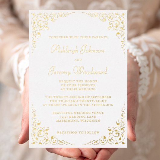 Elegant Gold Script Botanical Lijst Wedding Folie Uitnodiging