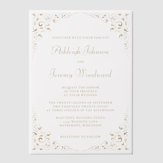 Elegant Gold Script Botanical Lijst Wedding Vellum Uitnodigingen (Voorkant)