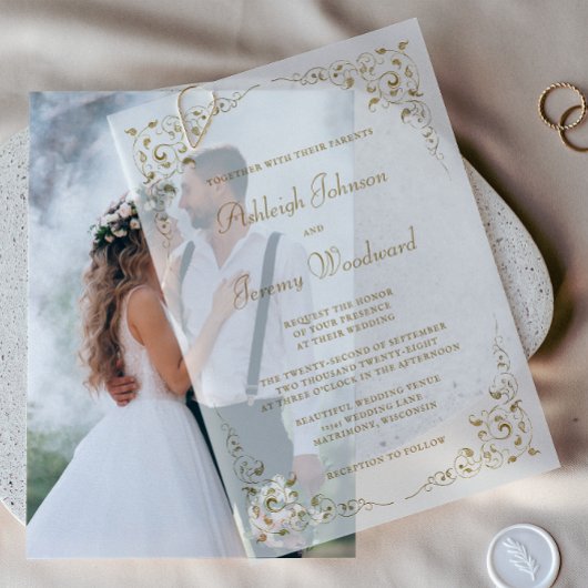 Elegant Gold Script Botanical Lijst Wedding Vellum Uitnodigingen