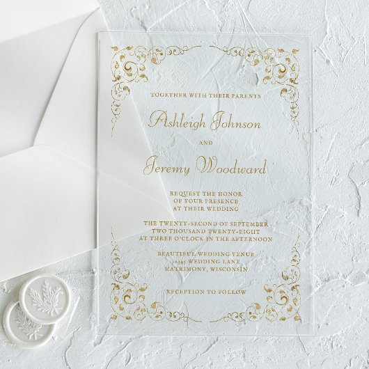 Elegant  Gold Script Botanisch Lijst Acryl Uitnodigingen