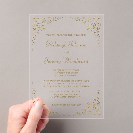 Elegant  Gold Script Botanisch Lijst Acryl Uitnodigingen (Insitu (Draagbaar))