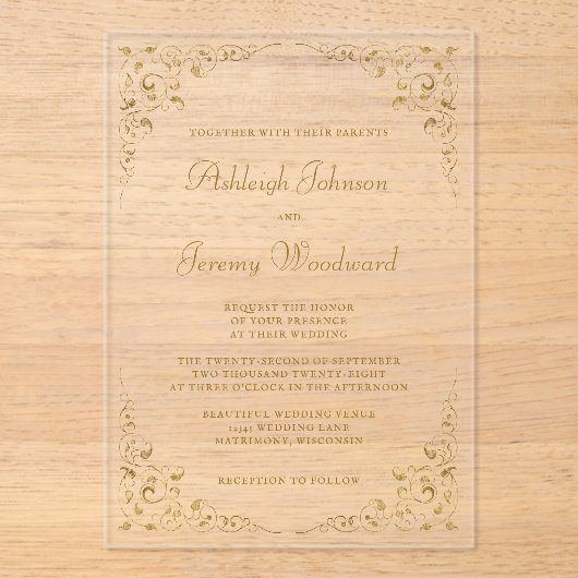 Elegant  Gold Script Botanisch Lijst Acryl Uitnodigingen (Voorkant)