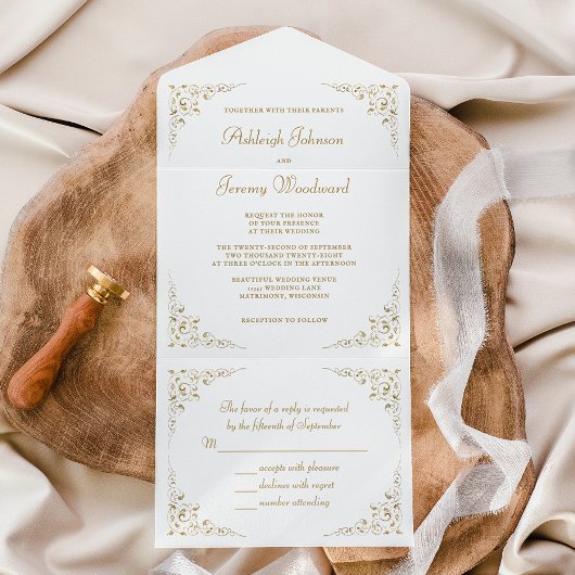 Elegant Gold Script  Botanisch Lijst All In One Uitnodiging
