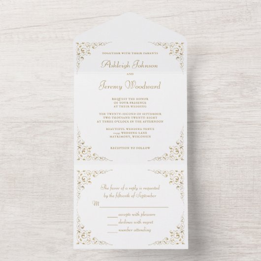 Elegant Gold Script  Botanisch Lijst All In One Uitnodiging (Binnen)