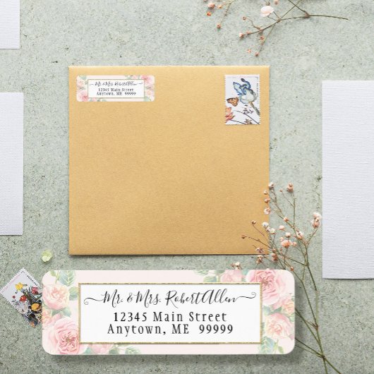 Elegant Gold Script Botanische Roze Roze in Greene Etiket