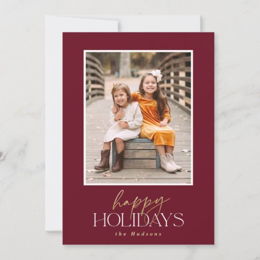 Elegant Gold Script Burgundy Calligrafie Foto Feestdagenkaart (Voorkant)