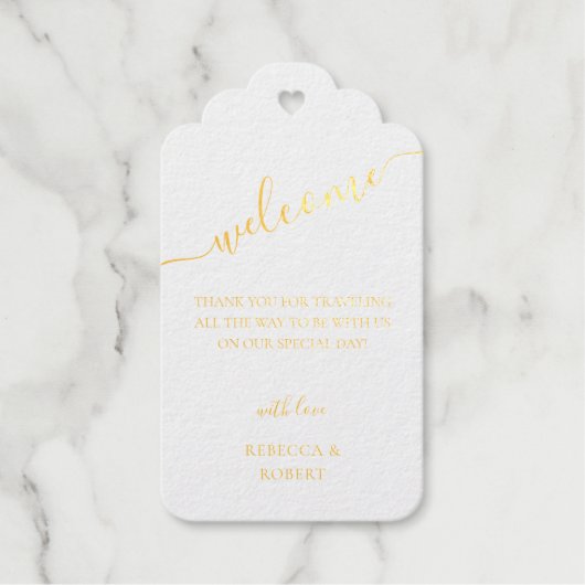 Elegant Gold Script Calligraphy Weduwwelkomstwoord Cadeaulabels (Voorkant)