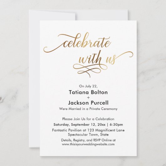 Elegant Gold Script Celebrate met US Reception Kaart (Voorkant)