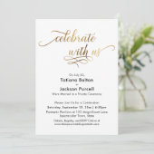 Elegant Gold Script Celebrate met US Reception Kaart (Staand voorkant)