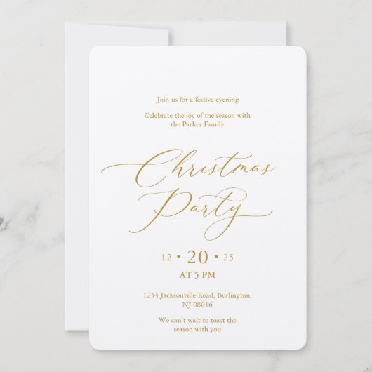 Elegant Gold Script Christmas Party Invitation Kaart (Voorkant)