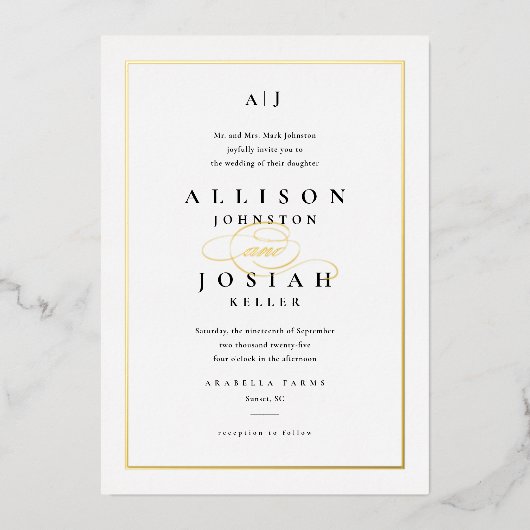 Elegant Gold Script Classic White Wedding Folie Uitnodiging (Voorkant)