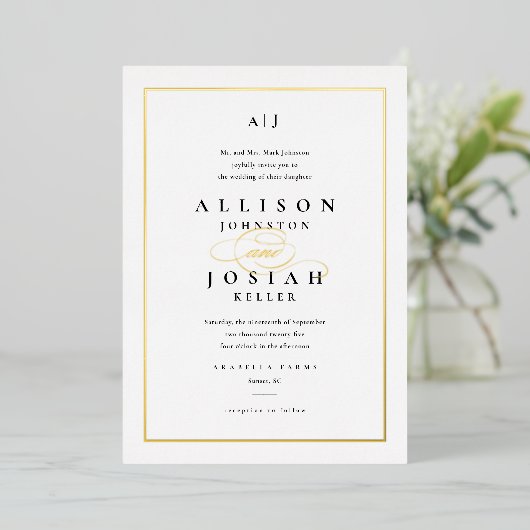 Elegant Gold Script Classic White Wedding Folie Uitnodiging (Staand Voorkant)