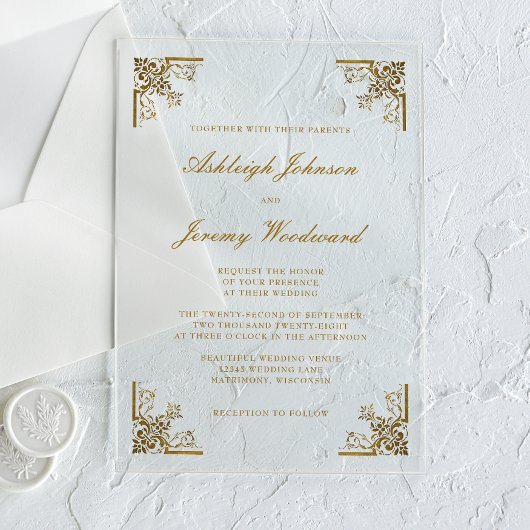 Elegant  Gold Script  Corners Weddenschap Acryl Uitnodigingen