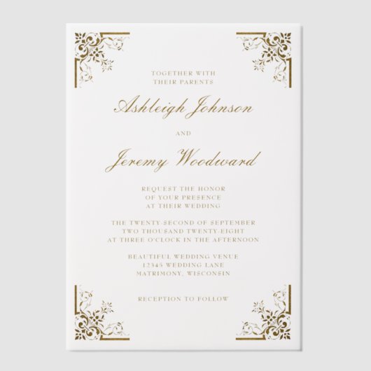 Elegant  Gold Script  Corners Weddenschap Vellum Uitnodigingen (Voorkant)