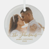 Elegant Gold Script Couple Photo Merry Kerstry Glas Ornament (Voorkant)