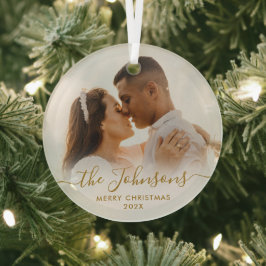 Elegant Gold Script Couple Photo Merry Kerstry Glas Ornament