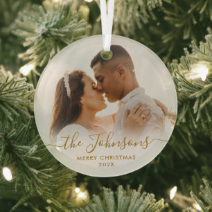 Elegant Gold Script Couple Photo Merry Kerstry Glas Ornament