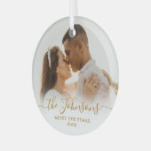 Elegant Gold Script Couple Photo Merry Kerstry Glas Ornament (Voorkant links)