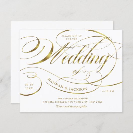 Elegant Gold Script Curved Text Wedding Invitation (Voorkant / Achterkant)