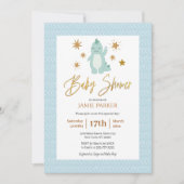 Elegant Gold Script Cute Blue Dinosaur Baby shower Kaart (Voorkant)