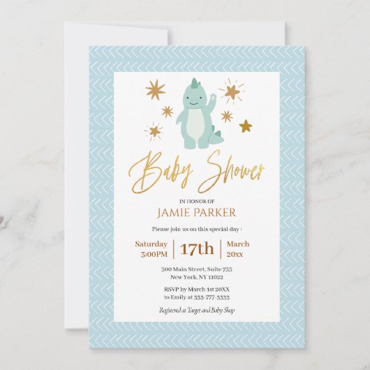Elegant Gold Script Cute Blue Dinosaur Baby shower Kaart (Voorkant)