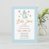 Elegant Gold Script Cute Blue Dinosaur Baby shower Kaart (Staand voorkant)