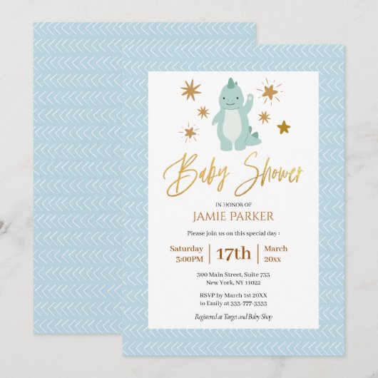 Elegant Gold Script Cute Blue Dinosaur Baby shower Kaart (Voorkant / Achterkant)
