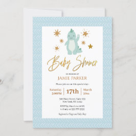 Elegant Gold Script Cute Blue Dinosaur Baby shower Kaart