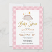 Elegant Gold Script Cute Pink Dinosaur Baby shower Kaart (Voorkant)