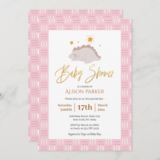 Elegant Gold Script Cute Pink Dinosaur Baby shower Kaart (Voorkant / Achterkant)