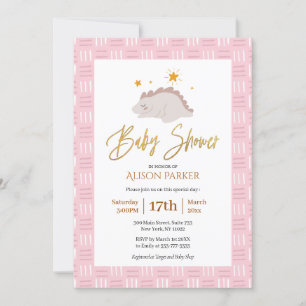 Elegant Gold Script Cute Pink Dinosaur Baby shower Kaart