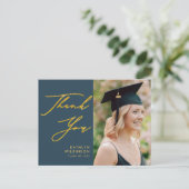 Elegant Gold Script Dusty Blue AFSTUDEERDER Hartel Briefkaart (Staand voorkant)