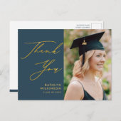 Elegant Gold Script Dusty Blue AFSTUDEERDER Hartel Briefkaart (Voorkant / Achterkant)