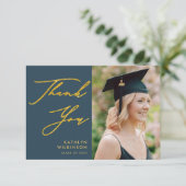 Elegant Gold Script Dusty Blue Simple Afstuderen Bedankkaart (Staand voorkant)